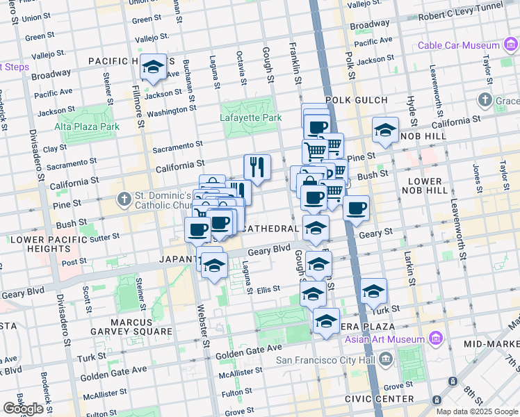 map of restaurants, bars, coffee shops, grocery stores, and more near 1619 Sutter Street in San Francisco