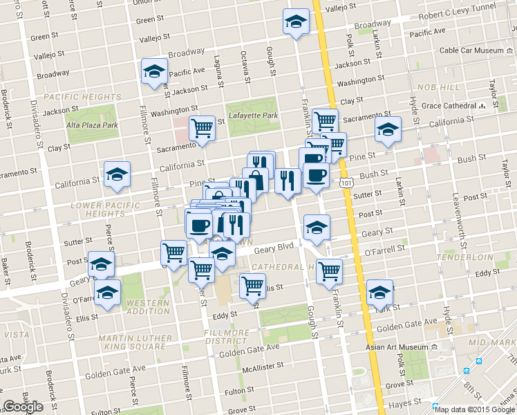 map of restaurants, bars, coffee shops, grocery stores, and more near 1619 Sutter Street in San Francisco