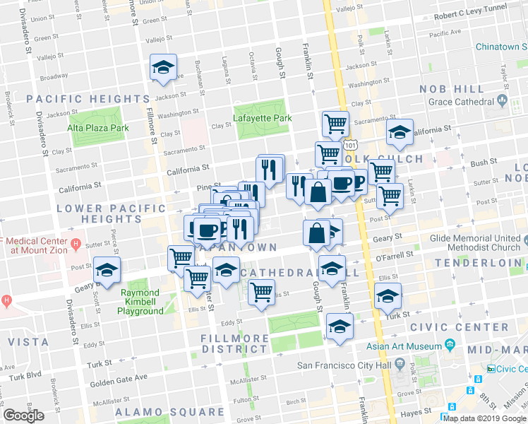 map of restaurants, bars, coffee shops, grocery stores, and more near 1619 Sutter Street in San Francisco