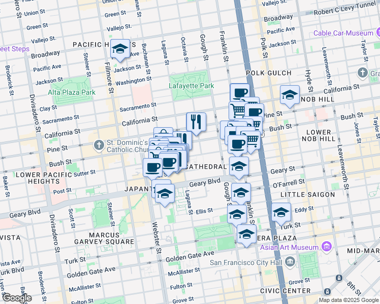 map of restaurants, bars, coffee shops, grocery stores, and more near 1619 Sutter Street in San Francisco