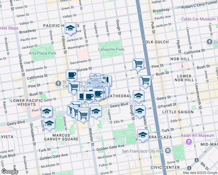 map of restaurants, bars, coffee shops, grocery stores, and more near 1691 Laguna Street in San Francisco