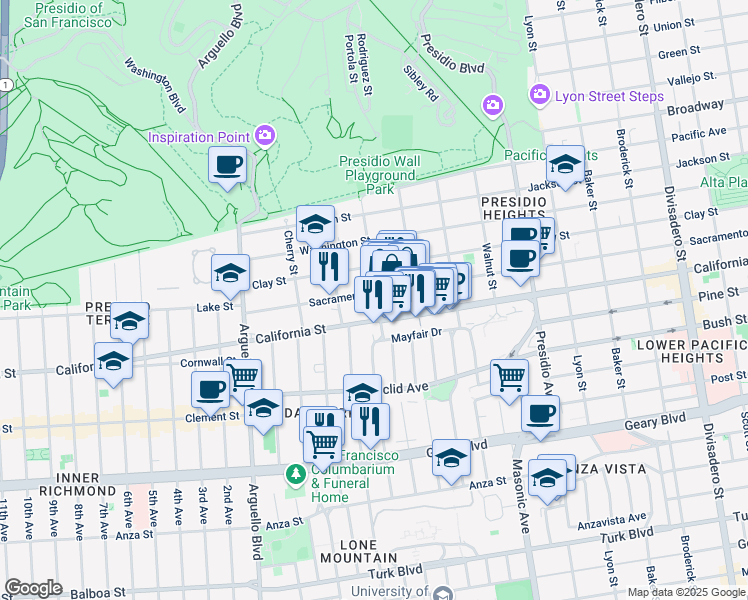 map of restaurants, bars, coffee shops, grocery stores, and more near 3624 California Street in San Francisco