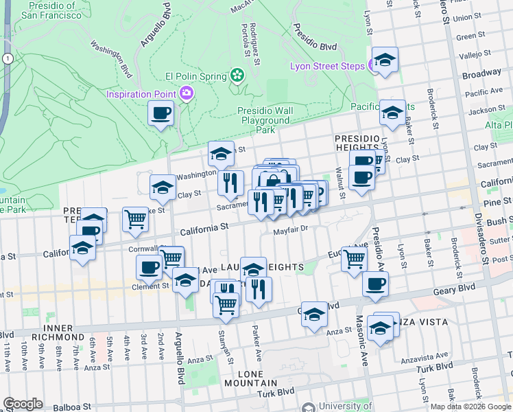 map of restaurants, bars, coffee shops, grocery stores, and more near 3624 California Street in San Francisco