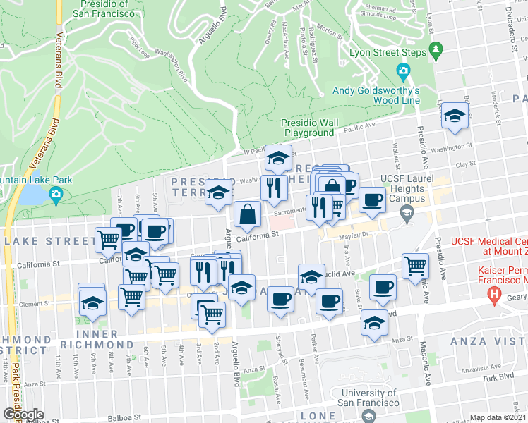 map of restaurants, bars, coffee shops, grocery stores, and more near 407 Cherry Street in San Francisco