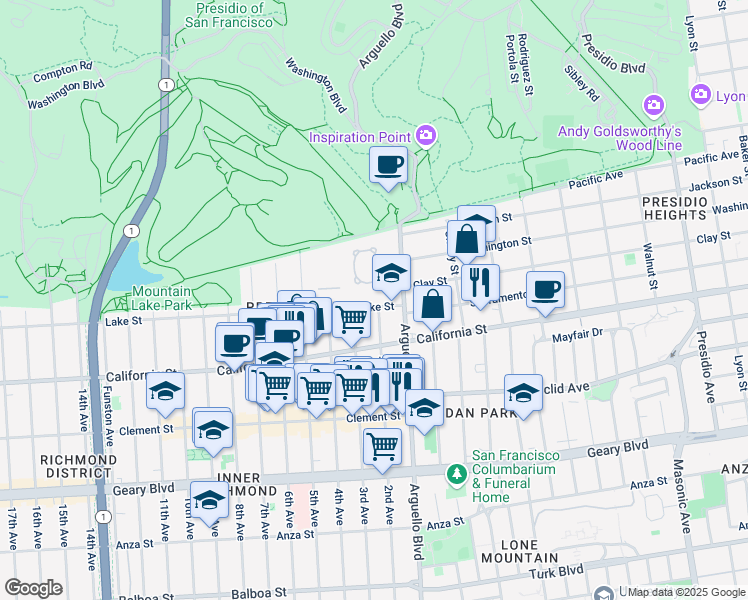 map of restaurants, bars, coffee shops, grocery stores, and more near 110 2nd Avenue in San Francisco