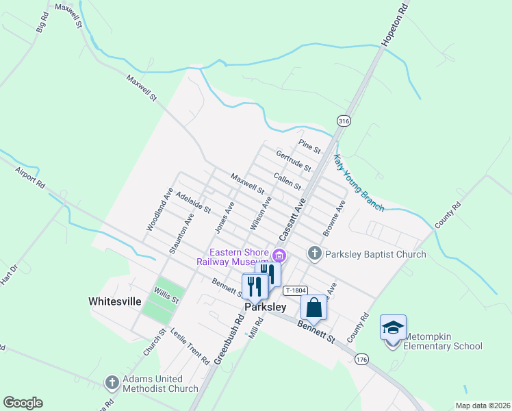 map of restaurants, bars, coffee shops, grocery stores, and more near 18374 Wilson Avenue in Parksley