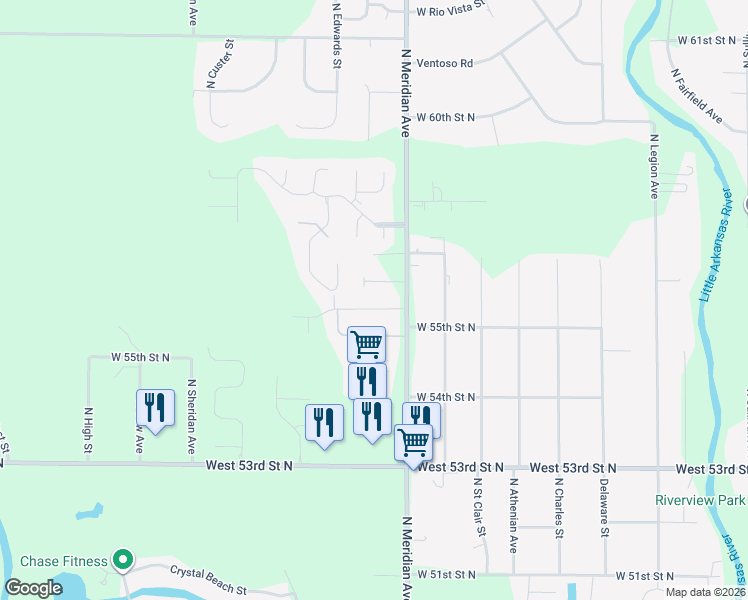 map of restaurants, bars, coffee shops, grocery stores, and more near 2623 West 55th Circle North in Wichita