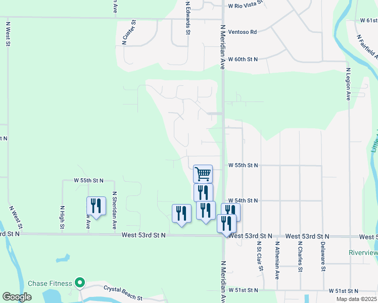 map of restaurants, bars, coffee shops, grocery stores, and more near 5577 North Edwards Circle in Wichita