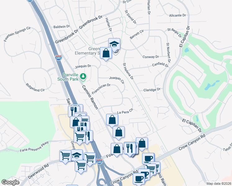 map of restaurants, bars, coffee shops, grocery stores, and more near 43 Castille Court in Danville