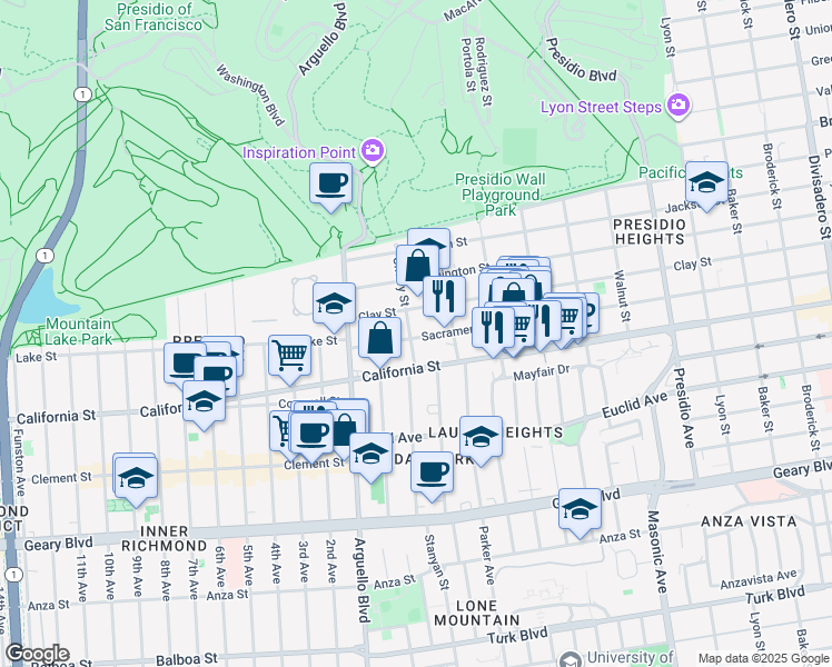 map of restaurants, bars, coffee shops, grocery stores, and more near 3892 Sacramento Street in San Francisco