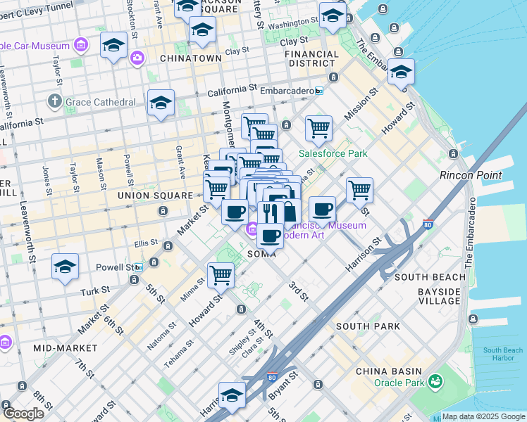 map of restaurants, bars, coffee shops, grocery stores, and more near 111-121 New Montgomery Street in San Francisco