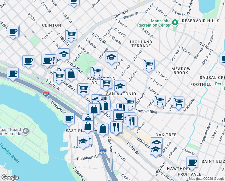 map of restaurants, bars, coffee shops, grocery stores, and more near in Oakland