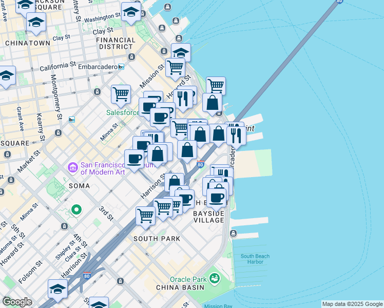map of restaurants, bars, coffee shops, grocery stores, and more near 450 Beale Street in San Francisco