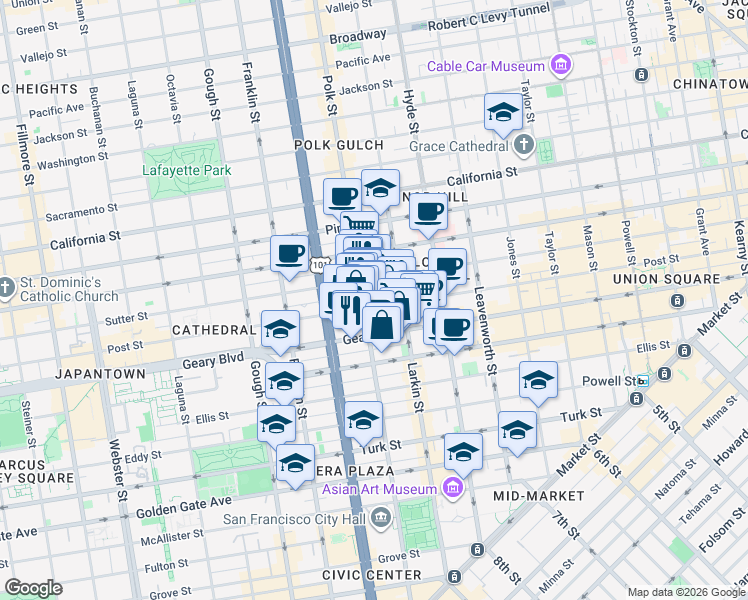 map of restaurants, bars, coffee shops, grocery stores, and more near 1082 Post Street in San Francisco