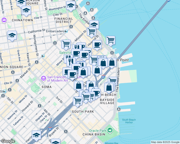 map of restaurants, bars, coffee shops, grocery stores, and more near 340 Fremont Street in San Francisco