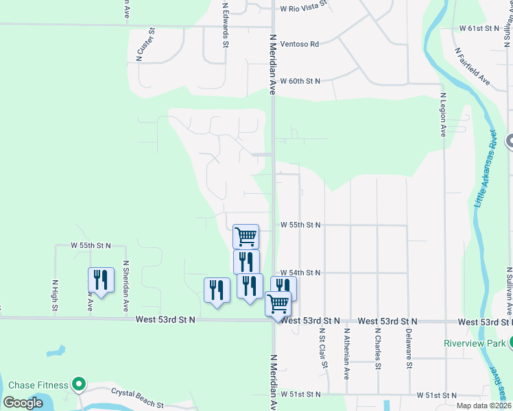 map of restaurants, bars, coffee shops, grocery stores, and more near 5601-5625 North Meridian Avenue in Wichita
