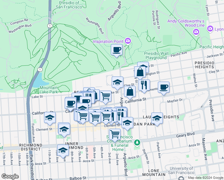 map of restaurants, bars, coffee shops, grocery stores, and more near 100 Lake Street in San Francisco