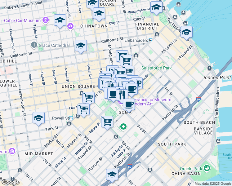map of restaurants, bars, coffee shops, grocery stores, and more near 130 3rd Street in San Francisco