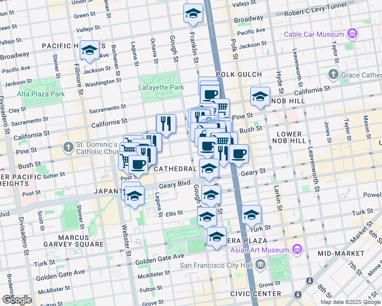 map of restaurants, bars, coffee shops, grocery stores, and more near Gough Street & Sutter Street in San Francisco