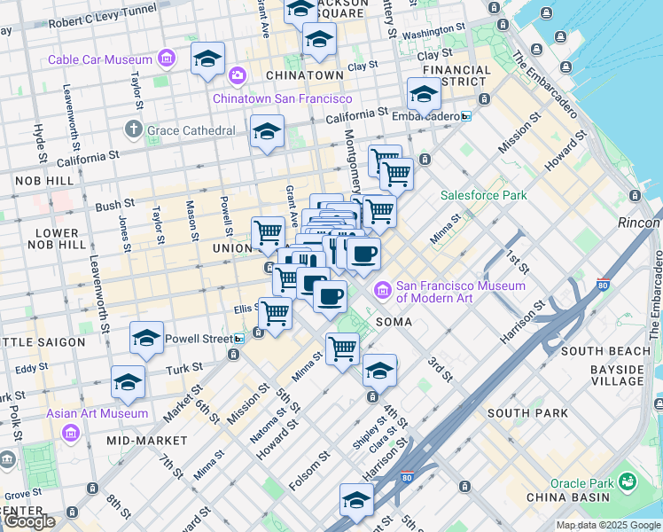 map of restaurants, bars, coffee shops, grocery stores, and more near 50 3rd Street in San Francisco