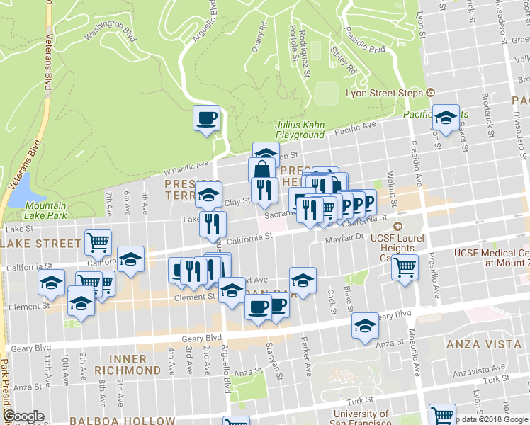 map of restaurants, bars, coffee shops, grocery stores, and more near 3878 Sacramento Street in San Francisco