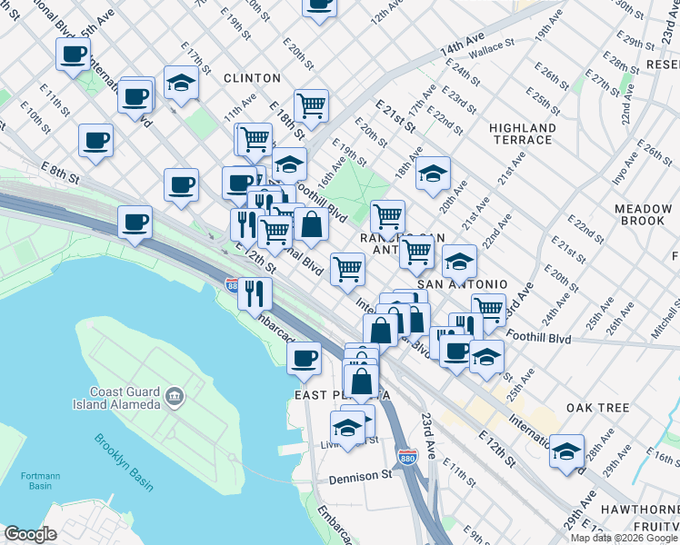 map of restaurants, bars, coffee shops, grocery stores, and more near 1852 International Boulevard in Oakland