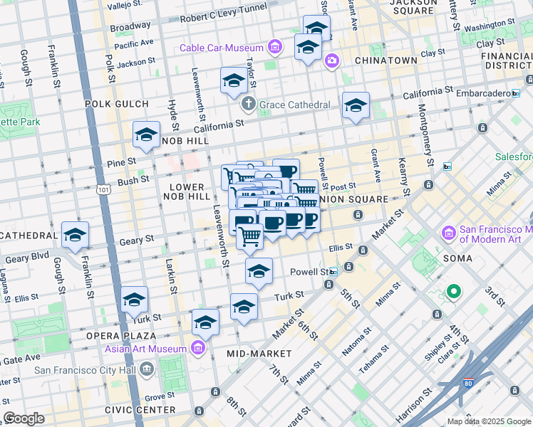 map of restaurants, bars, coffee shops, grocery stores, and more near 520 Geary Street in San Francisco