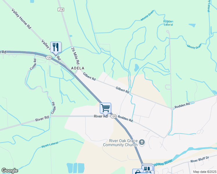 map of restaurants, bars, coffee shops, grocery stores, and more near 7466 Gilbert Road in Oakdale