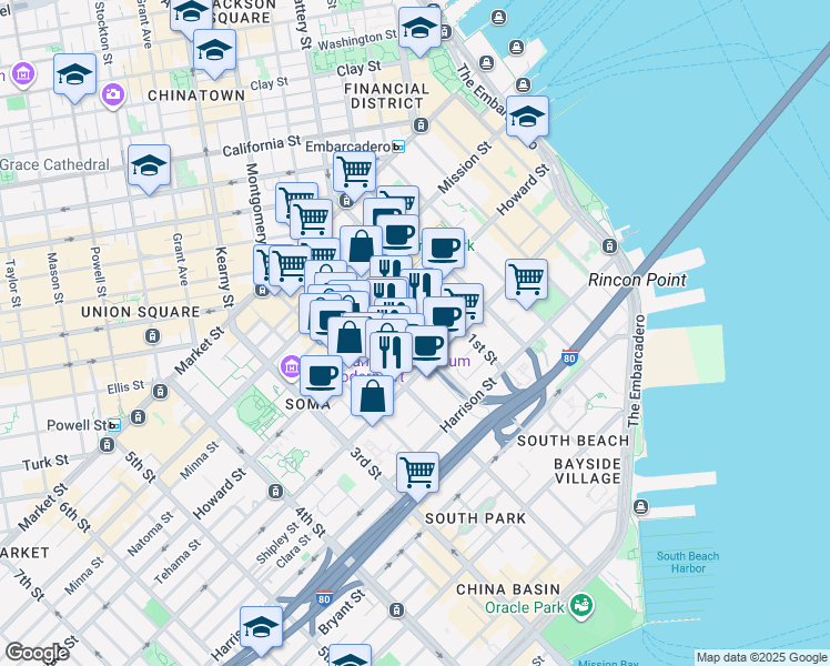 map of restaurants, bars, coffee shops, grocery stores, and more near 235 2nd Street in San Francisco