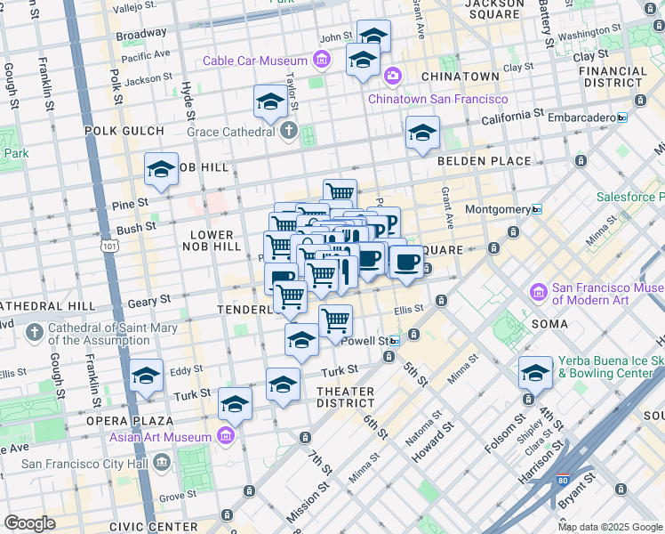 map of restaurants, bars, coffee shops, grocery stores, and more near 301 Mason Street in San Francisco