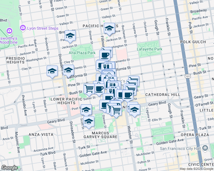 map of restaurants, bars, coffee shops, grocery stores, and more near 2299 Bush Street in San Francisco