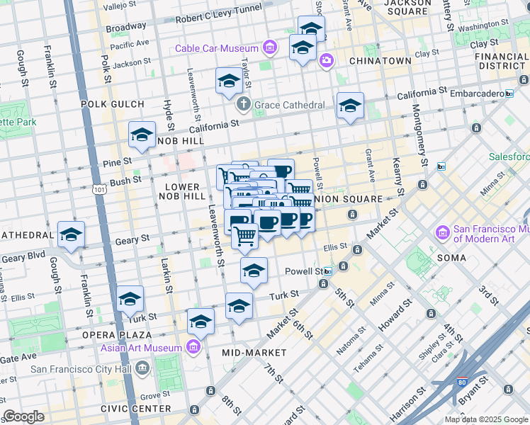 map of restaurants, bars, coffee shops, grocery stores, and more near 34 Shannon Street in San Francisco