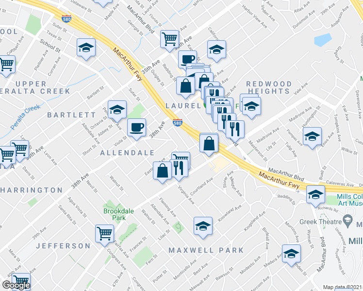 map of restaurants, bars, coffee shops, grocery stores, and more near 3304 Maybelle Way in Oakland