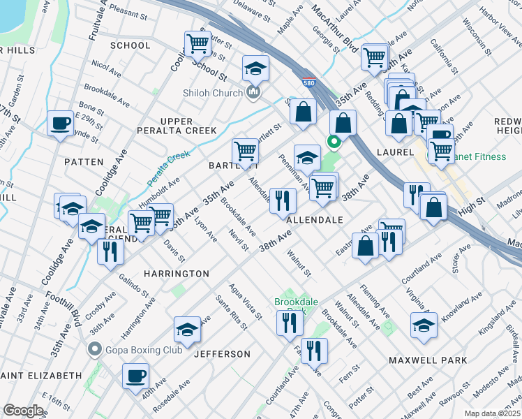 map of restaurants, bars, coffee shops, grocery stores, and more near 2618 Short Street in Oakland