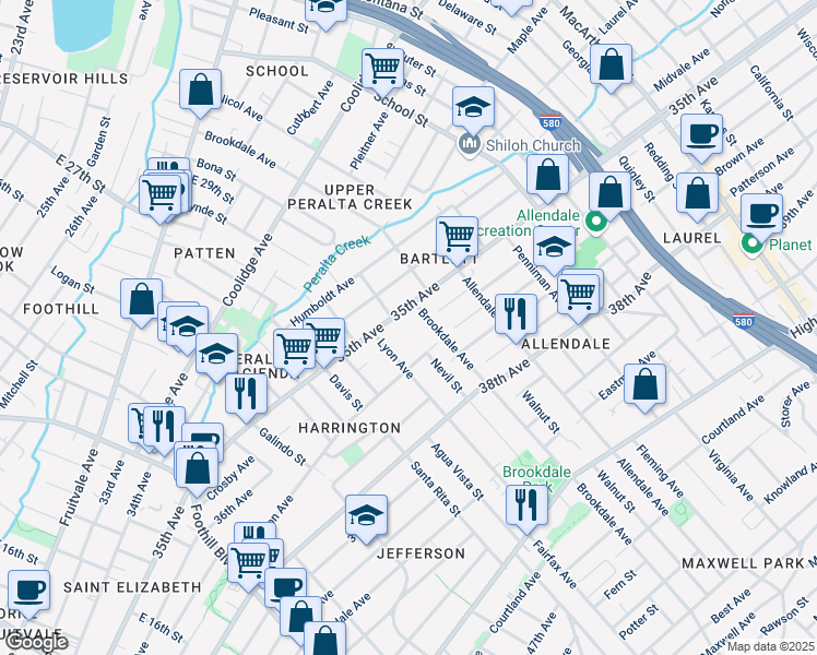 map of restaurants, bars, coffee shops, grocery stores, and more near 3550 Lyon Avenue in Oakland