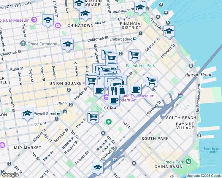 map of restaurants, bars, coffee shops, grocery stores, and more near 111-121 New Montgomery Street in San Francisco