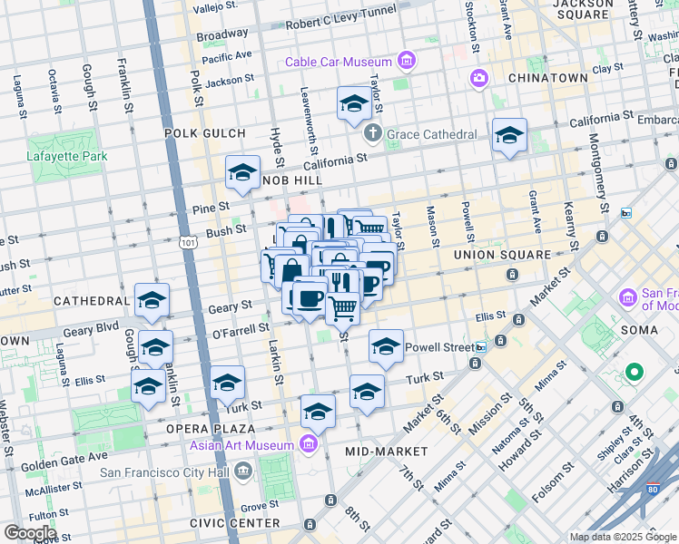 map of restaurants, bars, coffee shops, grocery stores, and more near 540 Leavenworth Street in San Francisco