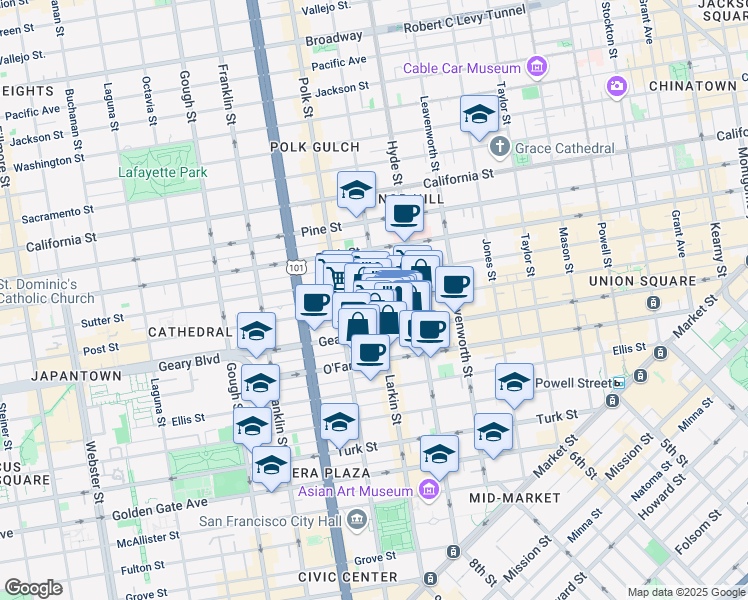 map of restaurants, bars, coffee shops, grocery stores, and more near 926 Larkin Street in San Francisco