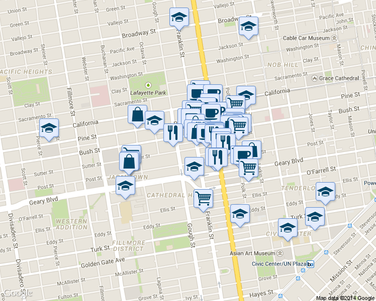 map of restaurants, bars, coffee shops, grocery stores, and more near 1302 Post Street in San Francisco