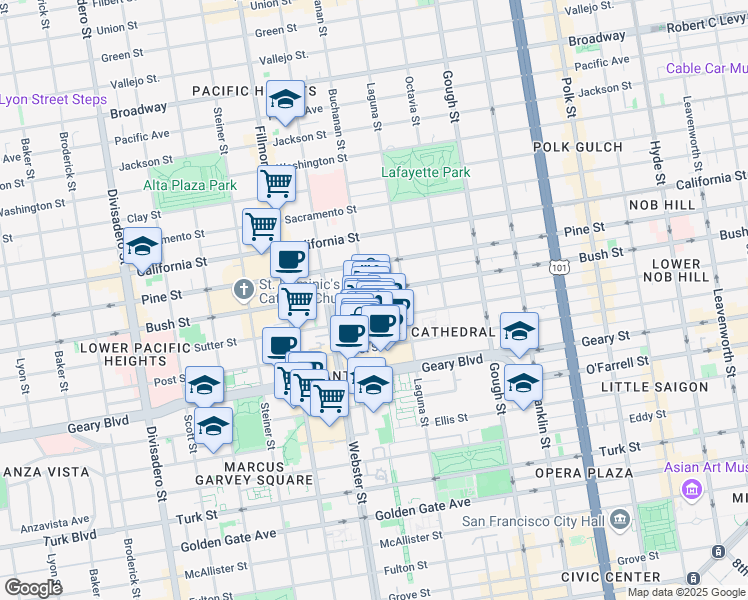 map of restaurants, bars, coffee shops, grocery stores, and more near 1795 Sutter Street in San Francisco