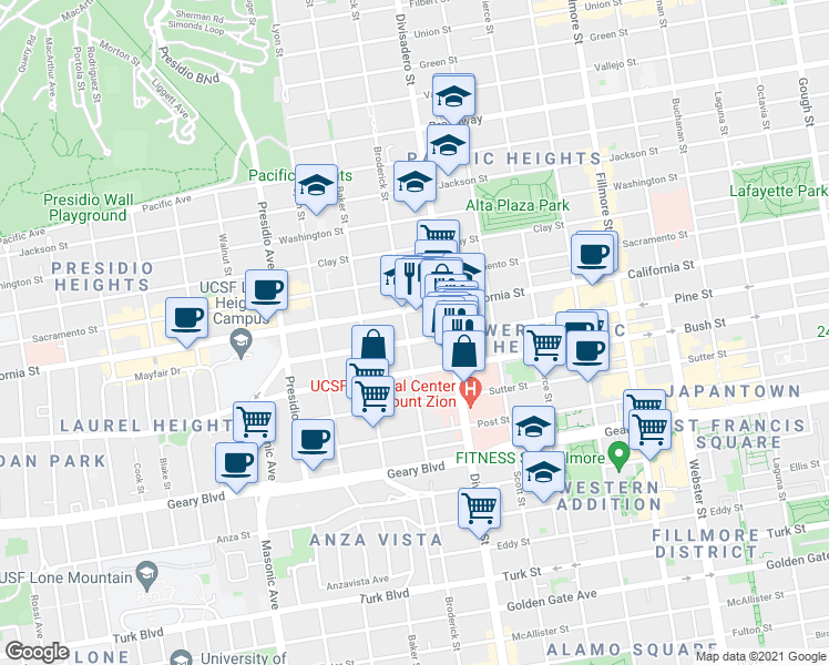 map of restaurants, bars, coffee shops, grocery stores, and more near 1713 Broderick Street in San Francisco