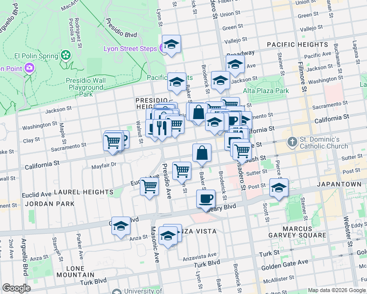 map of restaurants, bars, coffee shops, grocery stores, and more near 1662 Lyon Street in San Francisco