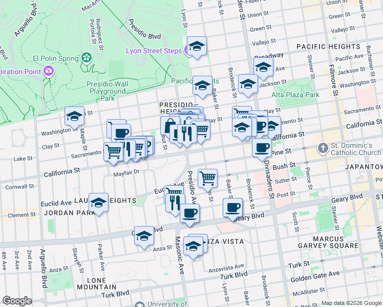 map of restaurants, bars, coffee shops, grocery stores, and more near 560 Presidio Avenue in San Francisco