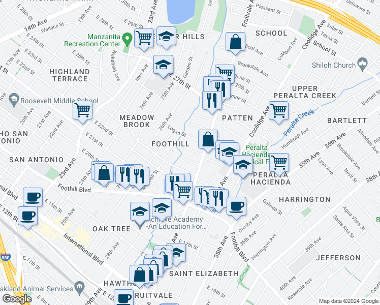 map of restaurants, bars, coffee shops, grocery stores, and more near 3005 Ashbrook Court in Oakland