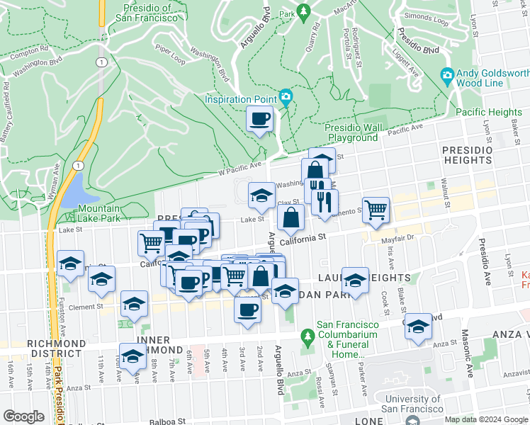 map of restaurants, bars, coffee shops, grocery stores, and more near 2 Lake Street in San Francisco
