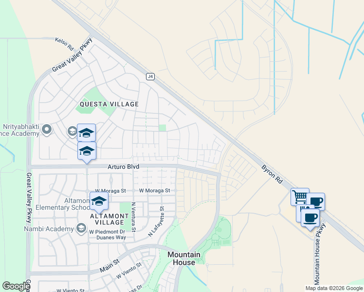 map of restaurants, bars, coffee shops, grocery stores, and more near 133 West Questa Trail in Tracy