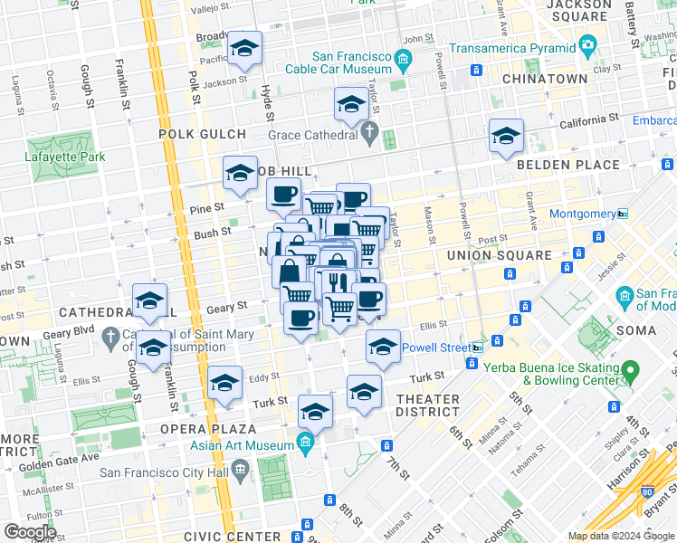 map of restaurants, bars, coffee shops, grocery stores, and more near in San Francisco