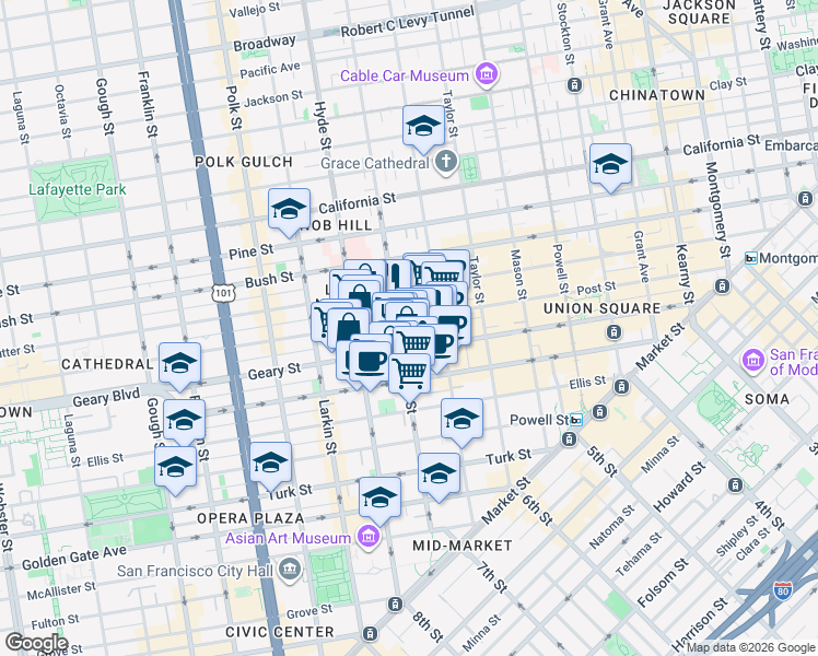 map of restaurants, bars, coffee shops, grocery stores, and more near 775 Post Street in San Francisco
