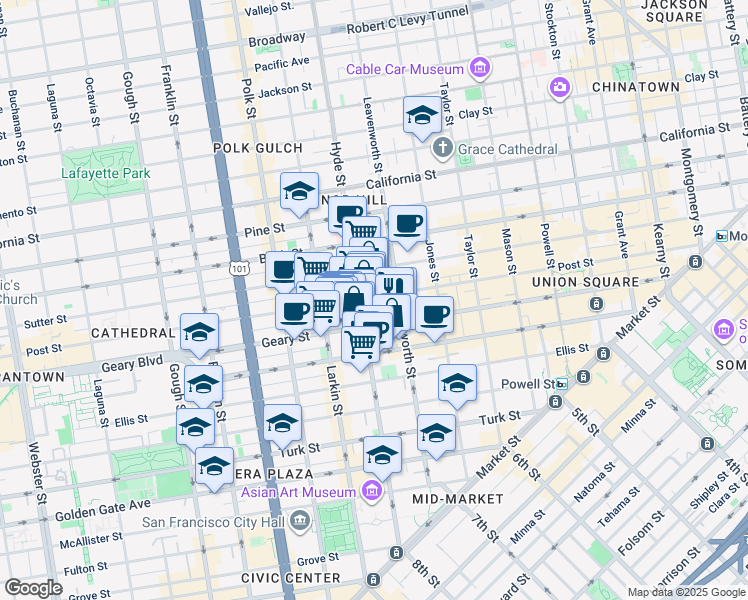 map of restaurants, bars, coffee shops, grocery stores, and more near 861 Post Street in San Francisco
