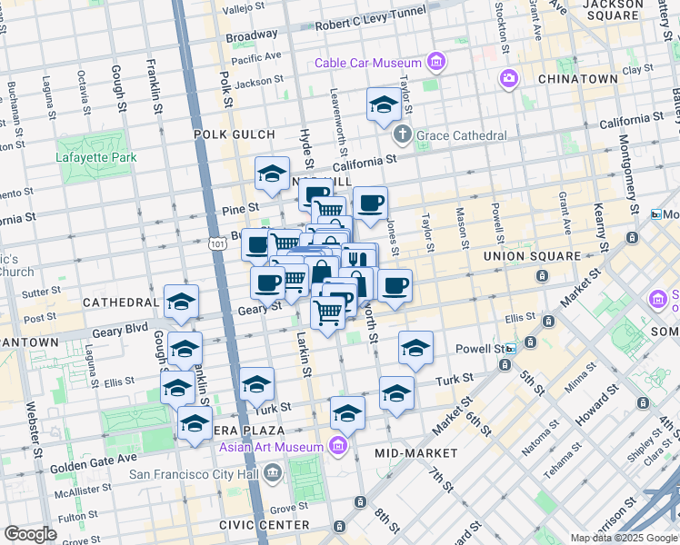 map of restaurants, bars, coffee shops, grocery stores, and more near 610 Hyde Street in San Francisco